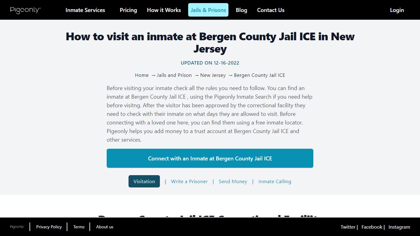 Inmate Visitation Bergen County Jail ICE, New Jersey | Pigeonly